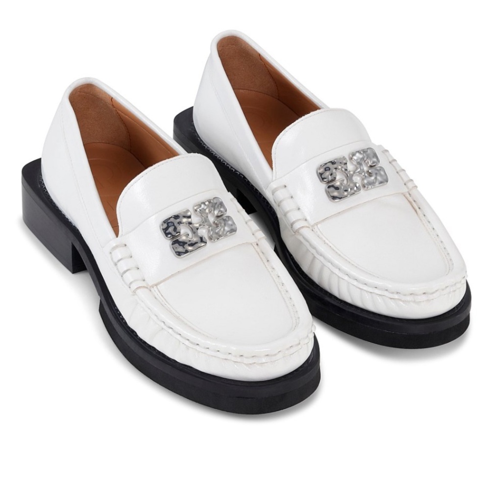 Ganni butterfly White Loafers with Silver Accents 7 new with box